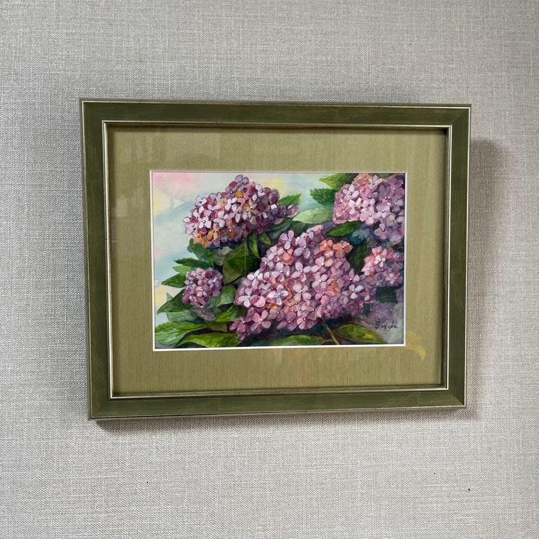 透明水彩画　SＭ　紫陽花　額付　ガラス 透明水彩画 紫陽花（あじさい）F10サイズ 額縁付 原画 新築・引越し
